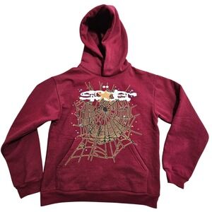 Sp5der Thick Hoodie Medium Maroon Burgundy Spider Web Graphic Streetwear *